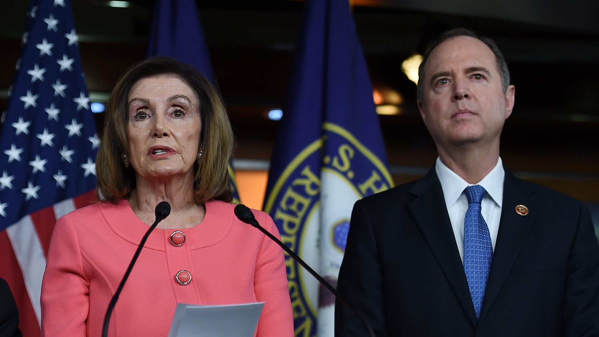Speaker of the House Nancy Pelosi (L) D-CA and Rep. Adam Schiff (D-CA) look on during a press conference on the impeachment against Donald Trump on Capitol Hill January 15, 2020, in Washington, DC.