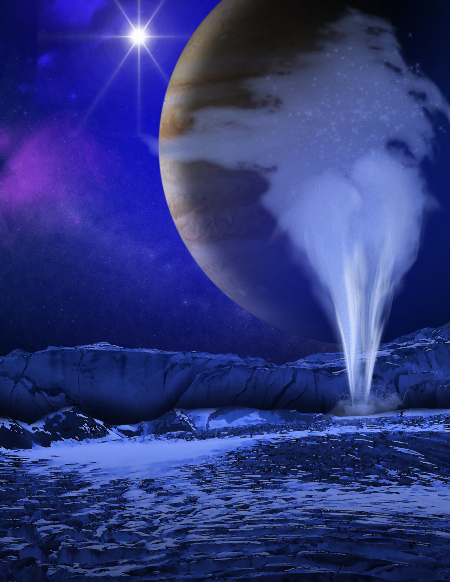 Artist’s impression of a water plume on Europa.