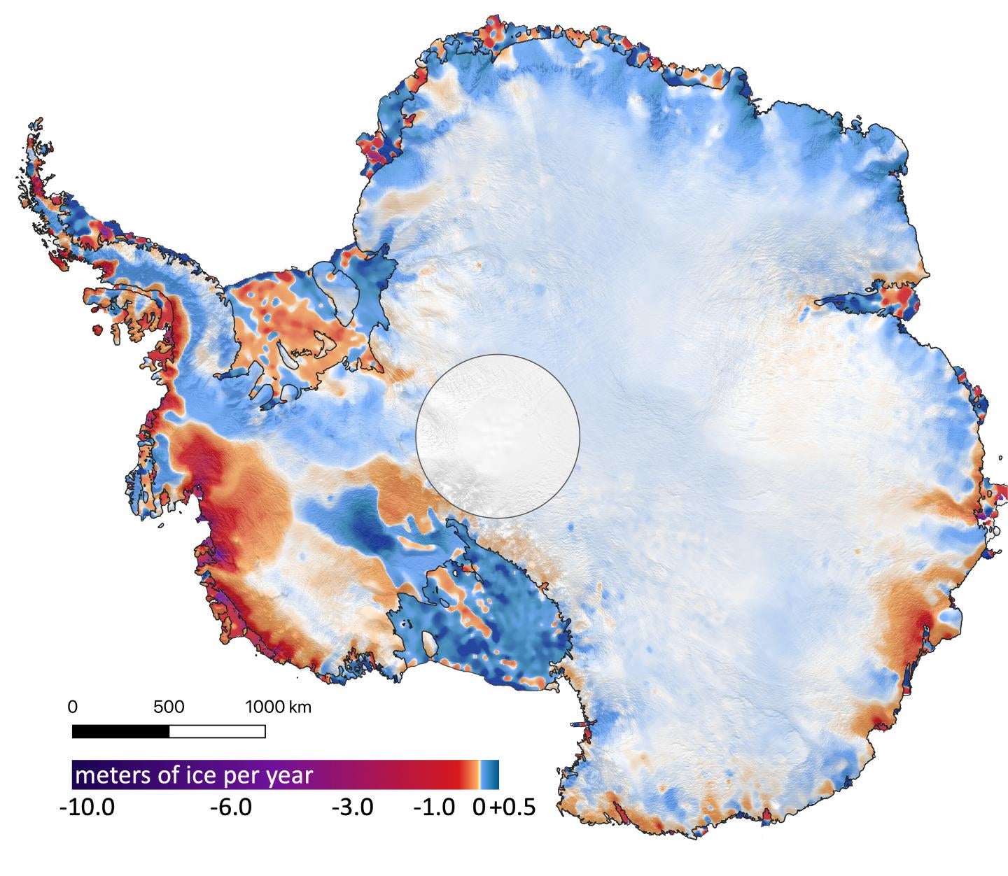  This shows the amount of ice gained or lost by Antarctica between 2003 and 2019. Dark reds and purples show large average rates of ice loss near the coasts, while blues show smaller rates of ice gain in the interior.