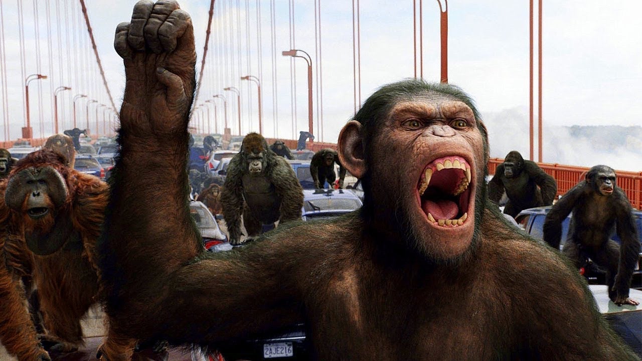 Caesar (Andy Serkis) leads an uprising on the Golden Gate Bridge.