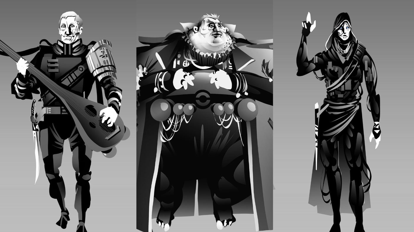 From left: Gurney Halleck, Baron Harkonnen, and Chani.