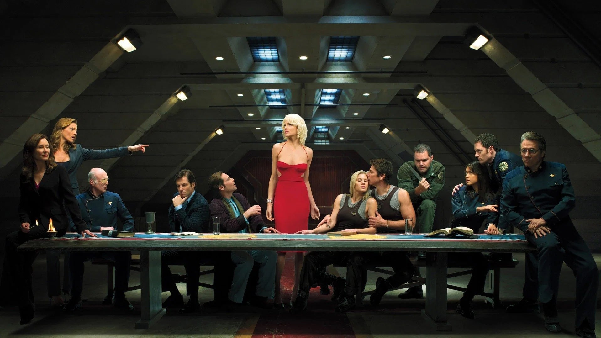 Battlestar Galactica doing the whole Last Supper thing.