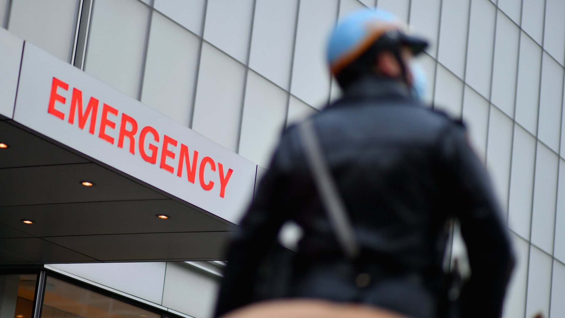 An NYPD officer on a horse near NYU Langone Health hospital in April 2020.
