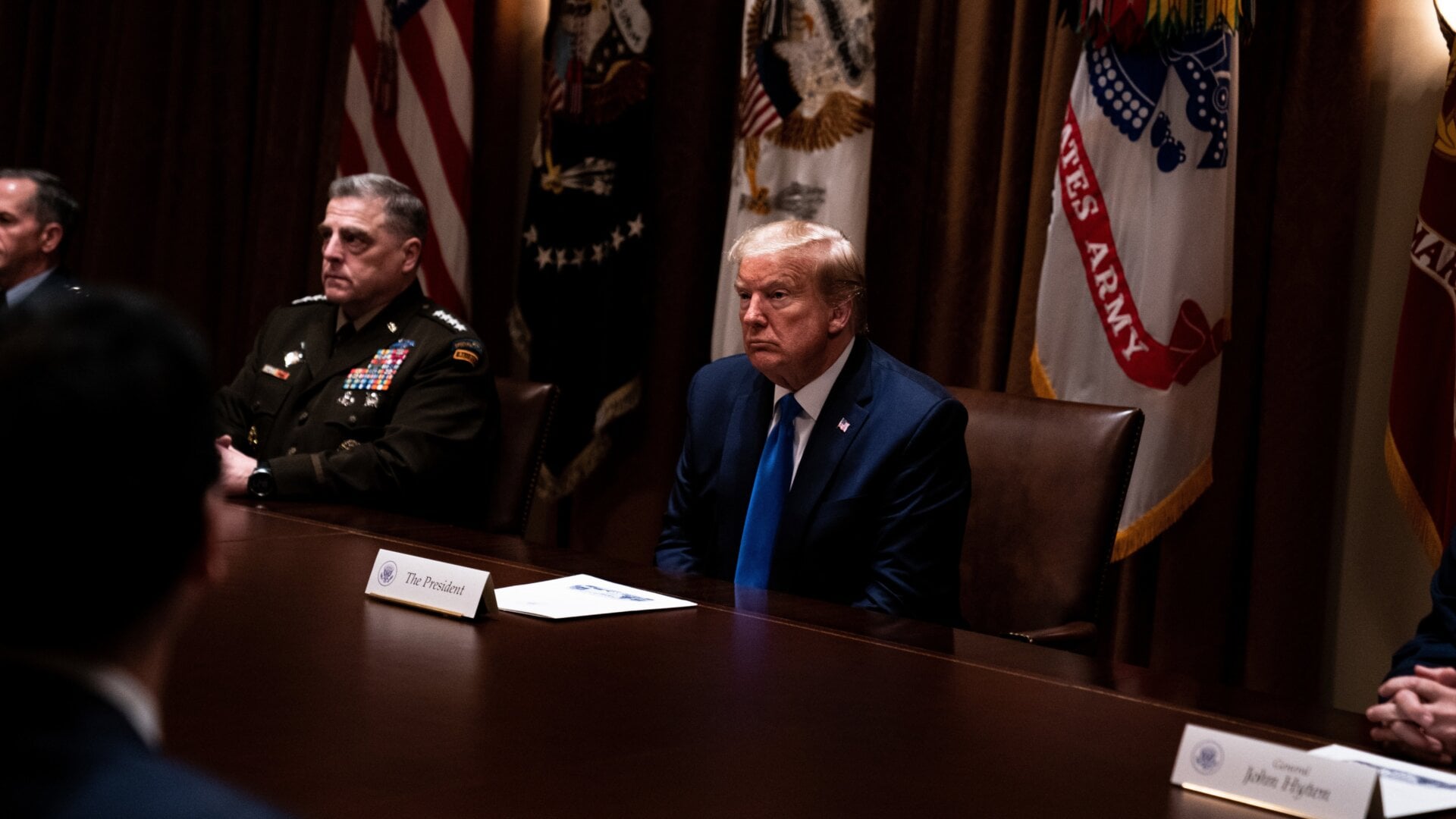 President Donald Trump participates in a meeting with Senior Military Leadership and the National Security Team in the Cabinet Room of the White House in Washington DC, May 9th, 2020.