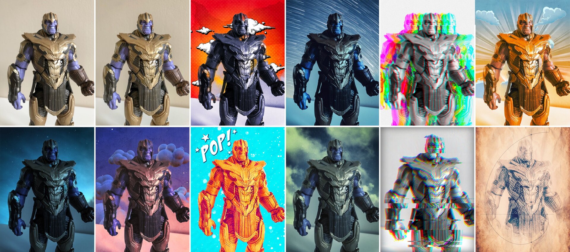 The original Thanos photo (upper left) compared to Adobe Photoshop Camera’s enhanced version, and then various smart filters applied.