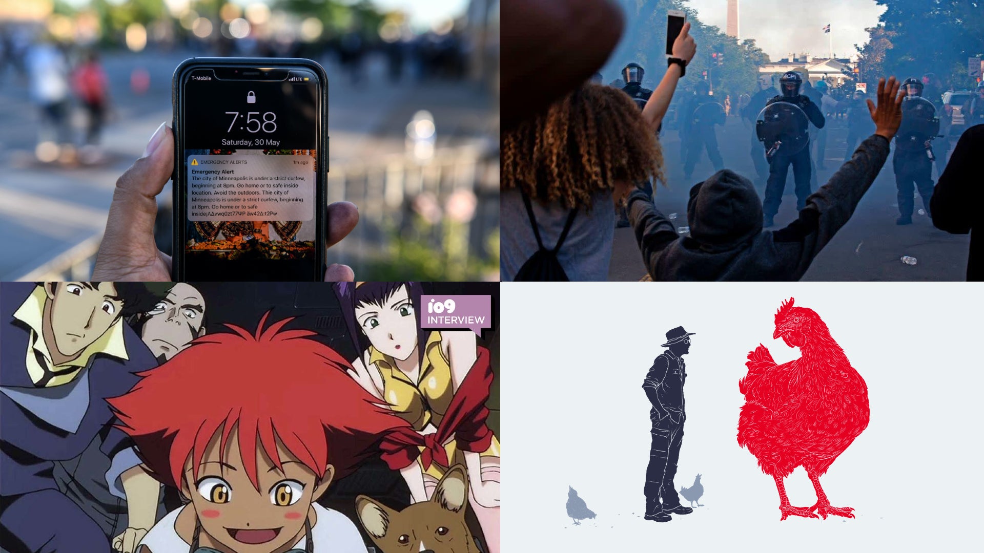 Clockwise from top left: Chandan Khanna (AFP via Getty Images), Jose Luis Magana (Getty Images), Sunrise Animation, and Jim Cooke (Gizmodo).