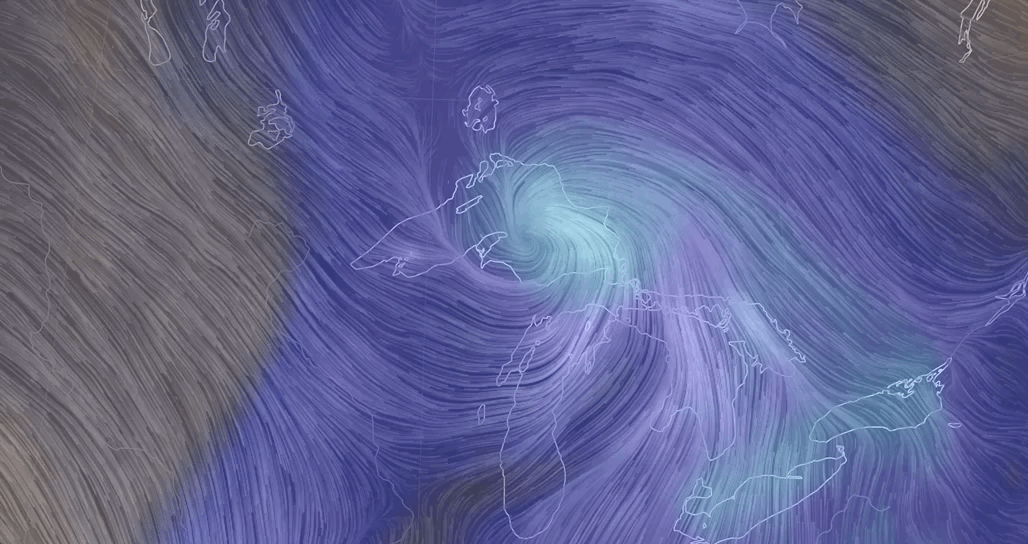 Extremely normal forecast of a subtropical cyclone making landfall on the Great Lakes.