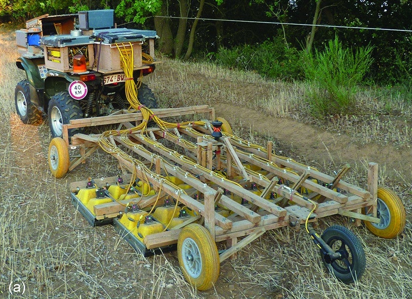 An all-terrain vehicle was used to tow a rig equipped with the ground-penetrating radar. 