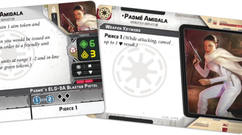 A look at the player card for Padmé Amidala in Star Wars: Legion.