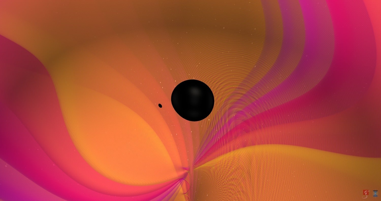 A still from a visualization of the merging objects, depicted as two black holes and emitting gravitational waves.