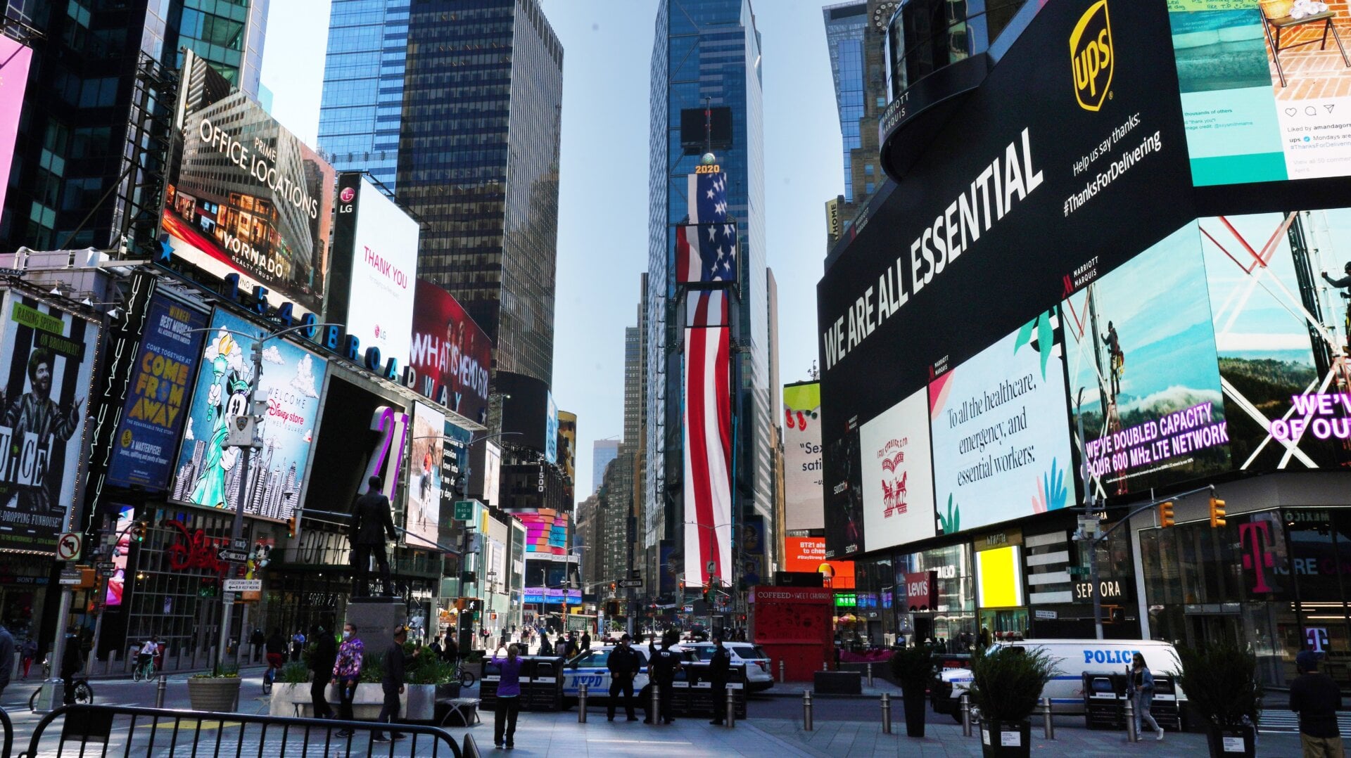 A largely empty Times Square in late May.