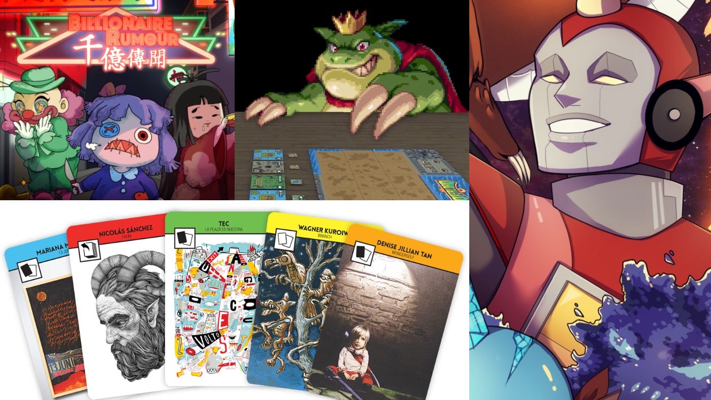 Clockwise from left: Billionaire Rumour, Overlord: a Boss Monster Game, Burn Bryte, and Modern Art: The Card Game.