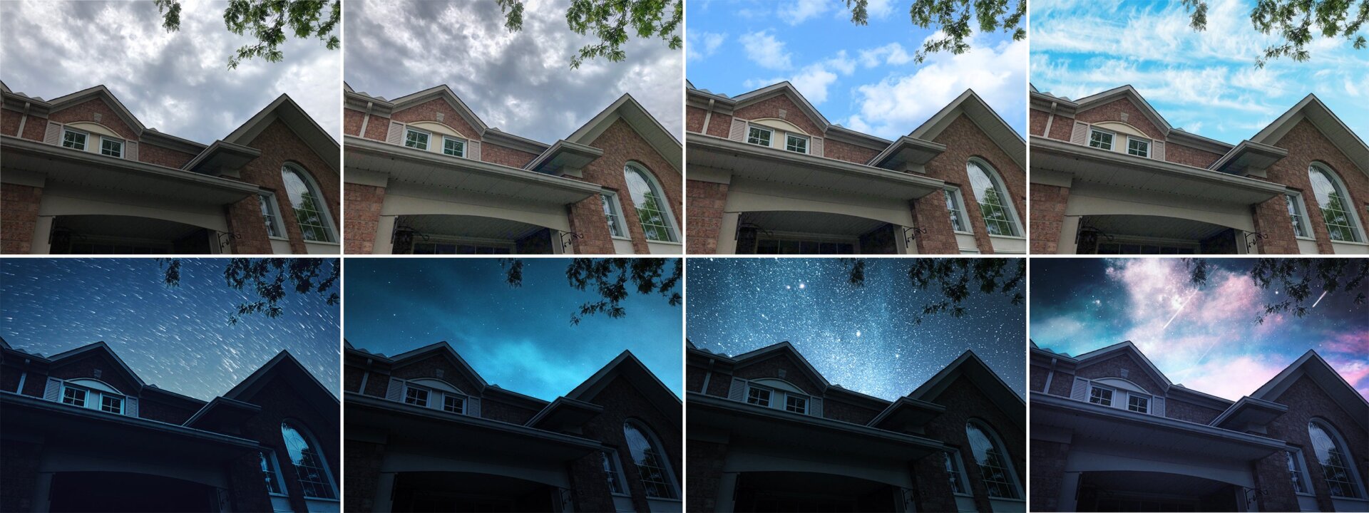 The original photo (upper left) compared to Adobe Photoshop Camera’s enhanced version, and then versions where the sky has been swapped with clouds and stars.