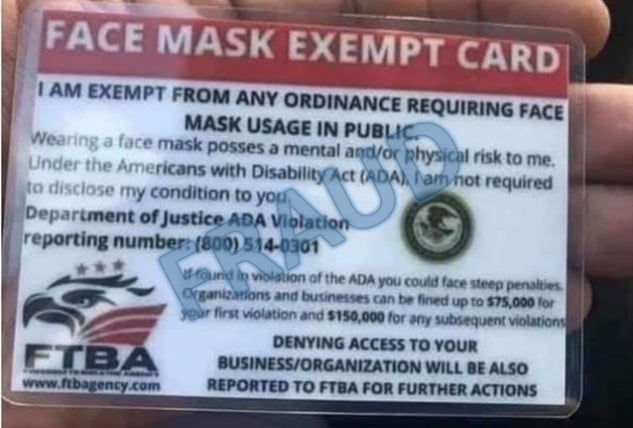 A fraudulent “face mask exempt” card. It also misspells Americans With Disabilities Act.