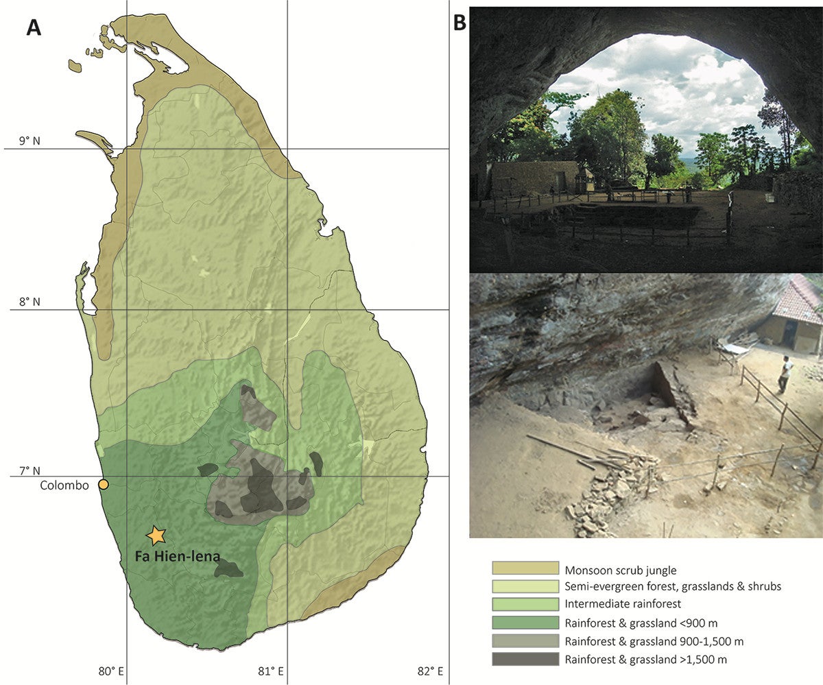 Map of Sri Lanka with the site of Fa-Hien Lena shown alongside views of the cave.