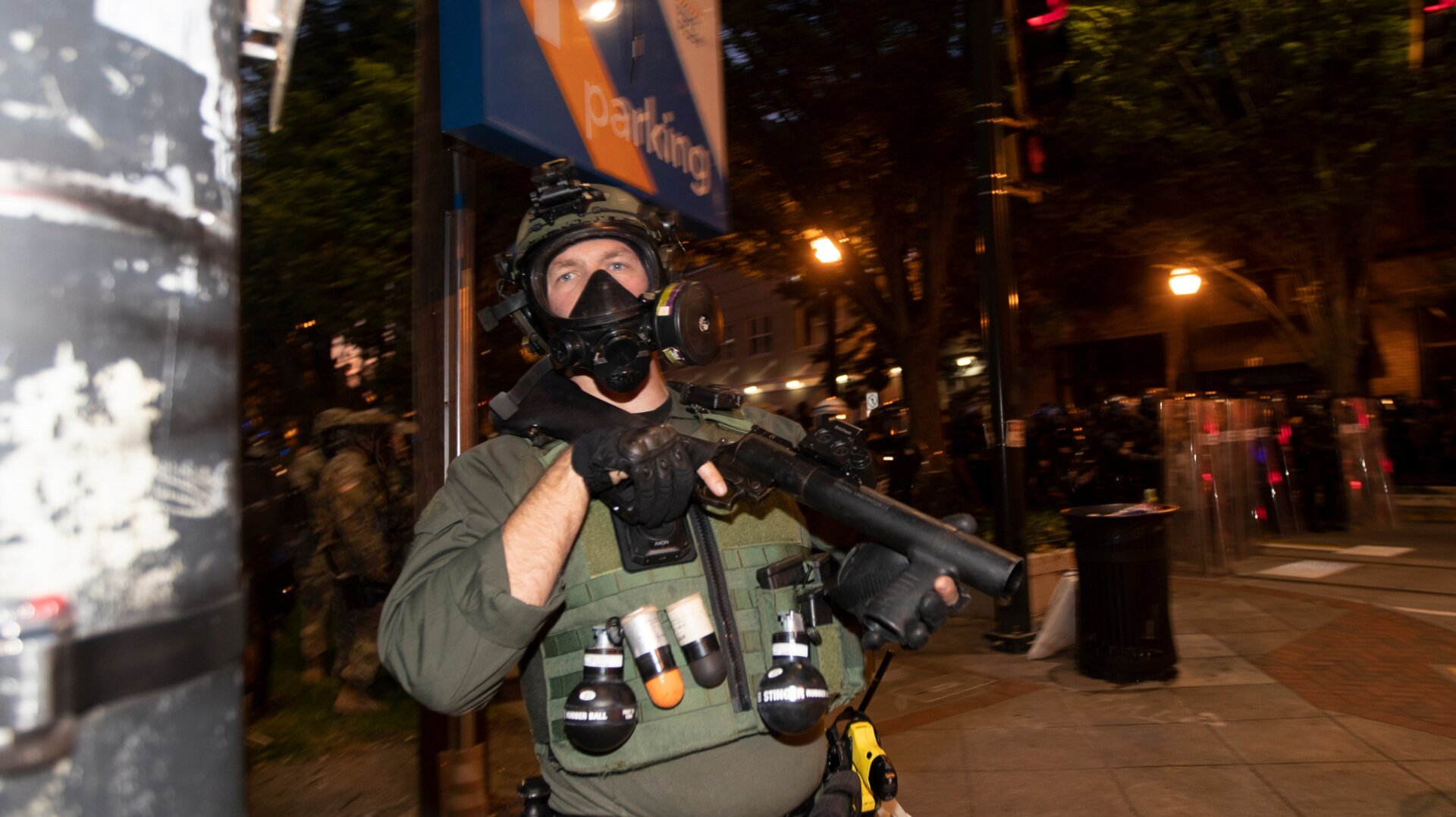 A police officer readies a grenade launcher in Atlanta, Georgia on June 1, 2020.