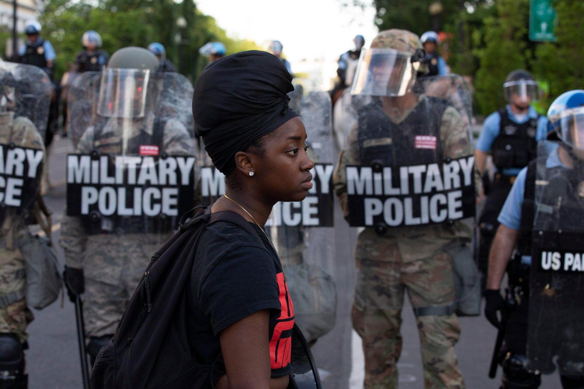 Military police form a riot line in coordination outside the White House on June 1, 2020.