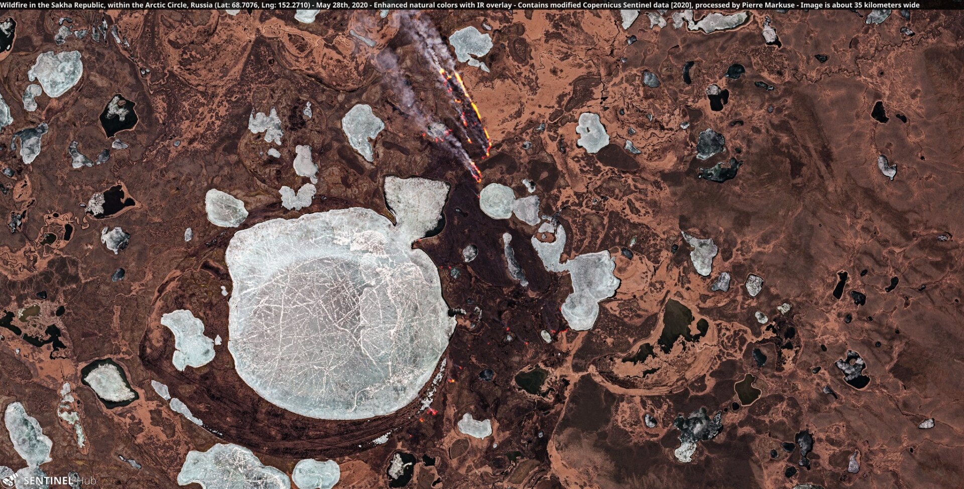 Wildfire in the Sakha Republic, within the Arctic Circle, Russia on May 28th, 2020.