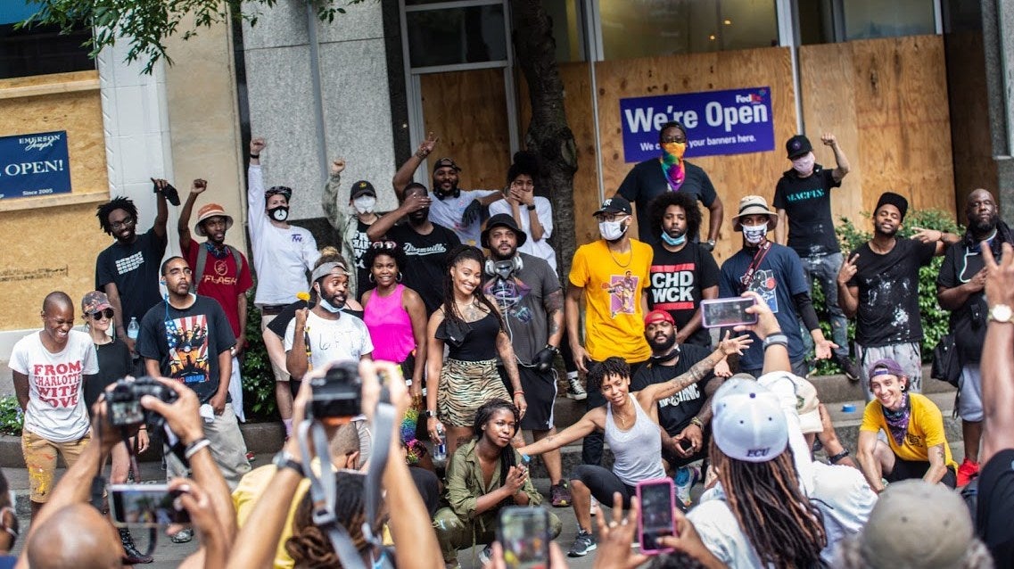 Charlotte ‘Black Lives Matter’ artists, including, in no particular order: @dammit_wesley, @dakotahaiyanna, @matthewclayburn, @artbyabel, @2gzandcountin, @owl.clt, @arko.clt, @thekylemosher, @fk.creative, @kmuii, @marcus_kiser, @gardenofjourney, @part_t1m3, @frankie.zombie_, @chdwckart, @jagolactus_, @daricalamari