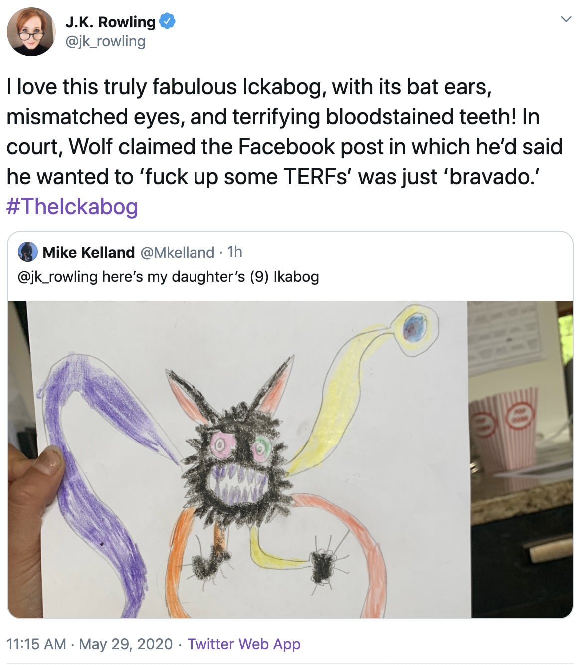 Rowling’s now-deleted tweet sharing a child’s fan art alongside transphobic messaging.