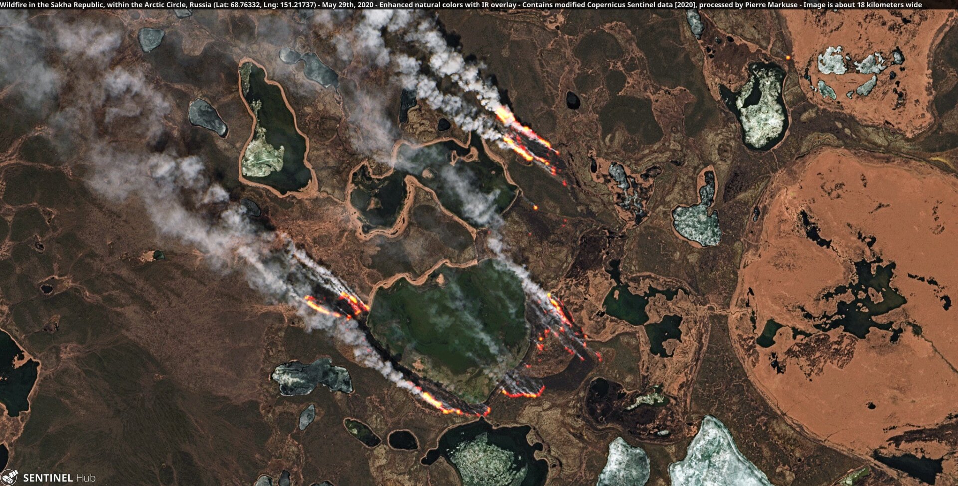 Wildfire in the Sakha Republic, within the Arctic Circle, Russia on May 29th, 2020.