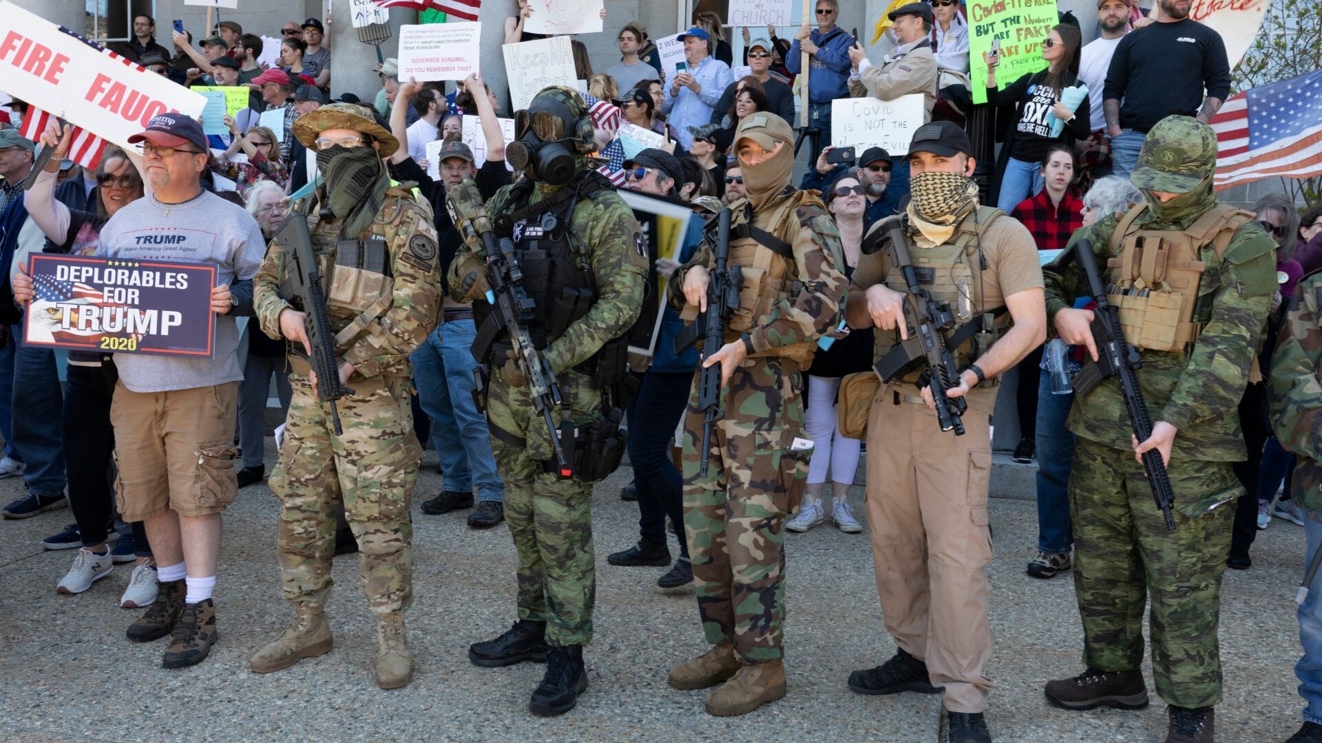 Several protesters, including those with the boogaloo movement, demonstrate against business closures due to concern about covid-19 in Concord, N.H. on May 2.