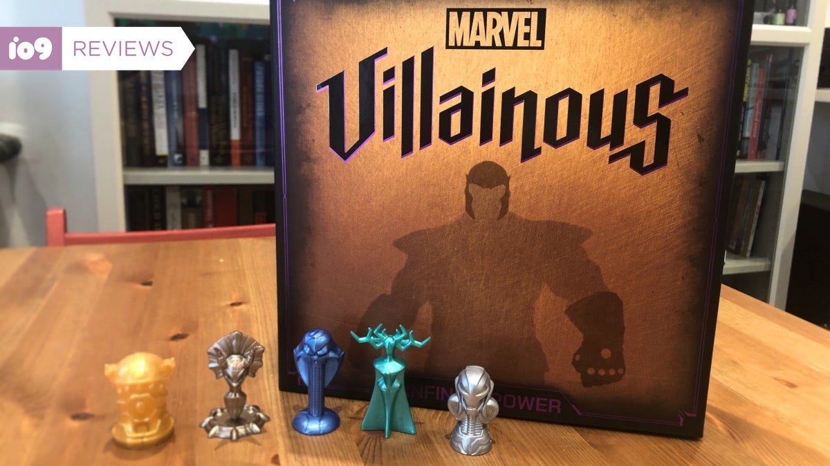 The box art and character pieces for Marvel Villainous: Infinite Power.