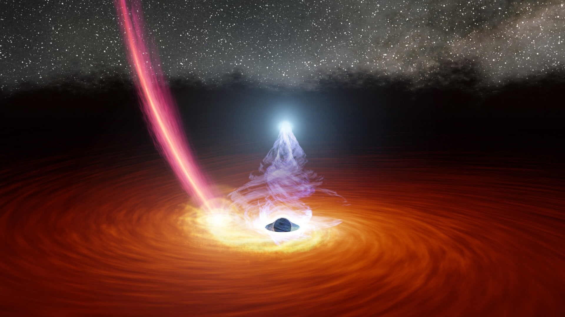 Artistic conception: The supermassive black hole surrounded by a disk of hot gas and the X-ray corona (shown in bluish-white). The pinkish streak is debris falling into the black hole—the shattered remains of a runaway star.