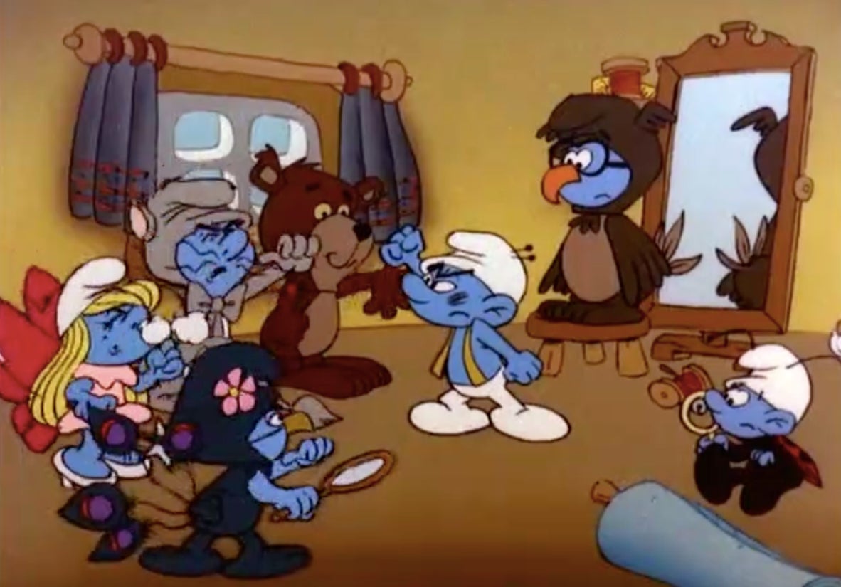 Weirdly, the only costumed Smurf not yelling at Tailor in this scene is Grouchy.