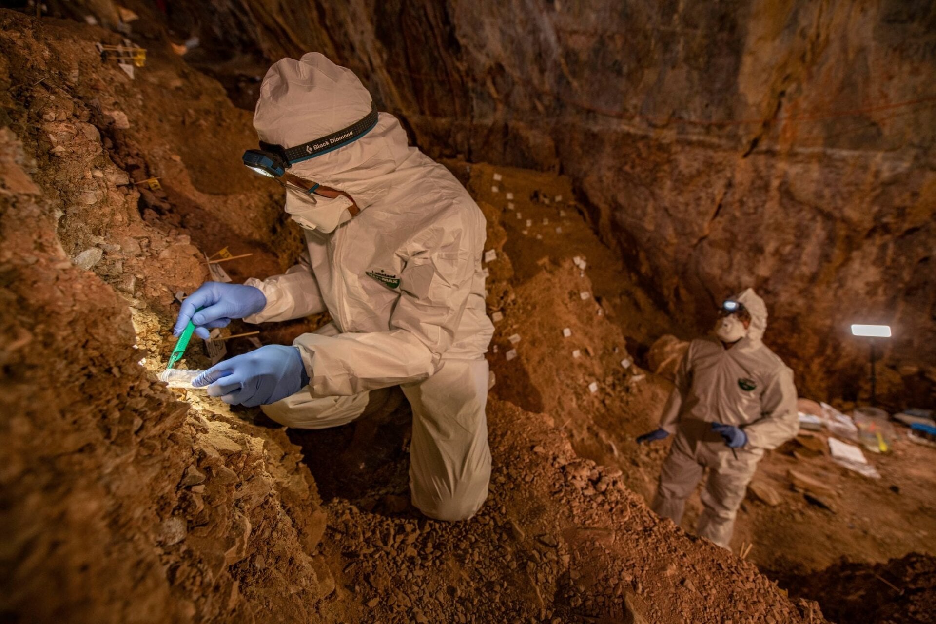 Archaeologists sampling the cave sediments for DNA. 