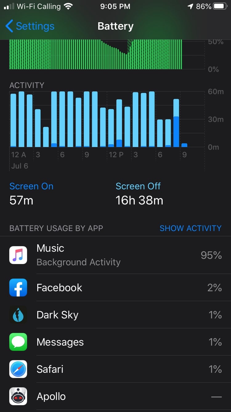 Even if you were streaming Apple Music all day while doing little else, 95% battery usage would still be extremely high.