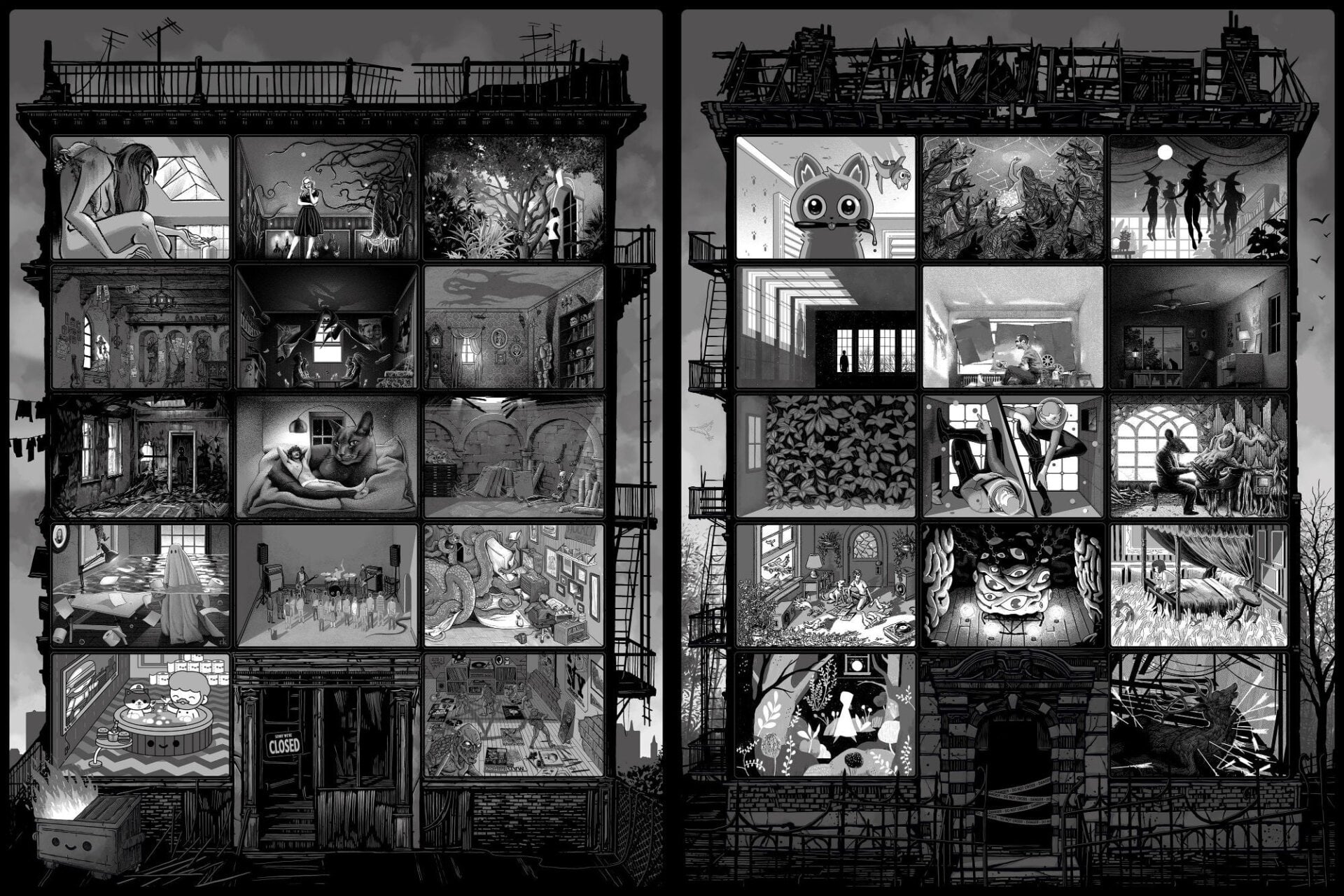 28 artists, 28 quarantine interpretations. Two posters. This is the black and white version.