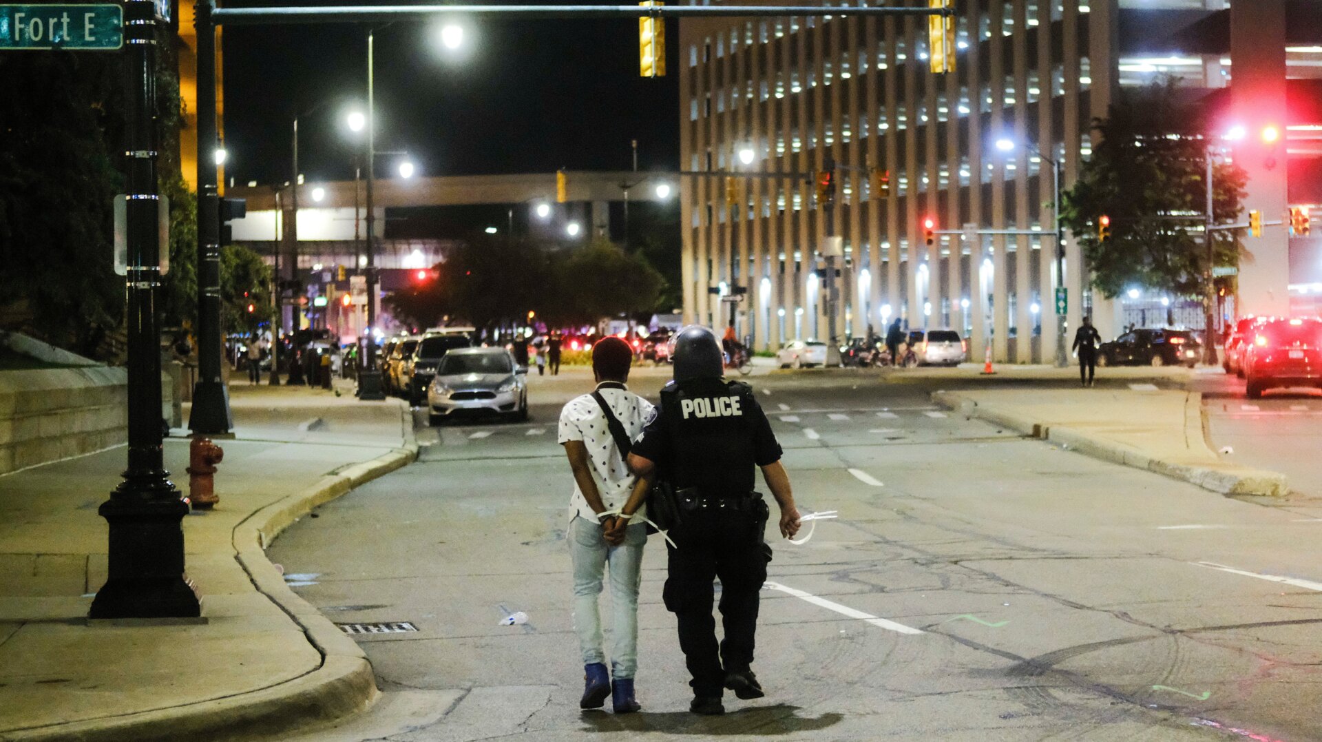 DETROIT, MI - MAY 29: Detroit police detain and arrest protesters during a series of confrontations on May 29, 2020 in Detroit, Michigan.