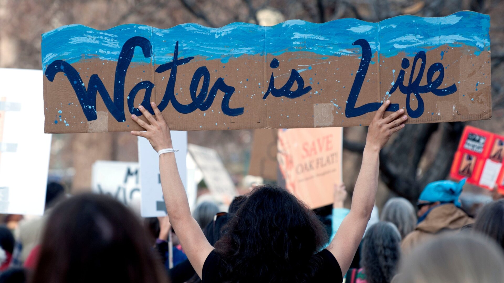 Native Americans and indigenous rights activists march and hold up signs in protest during a Native Nations March in Denver, Colorado, on March 10, 2017.