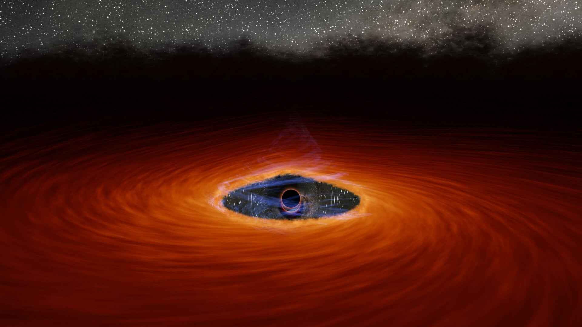 Artistic conception showing the destroyed corona and gap separating the black hole from the accretion disk. 