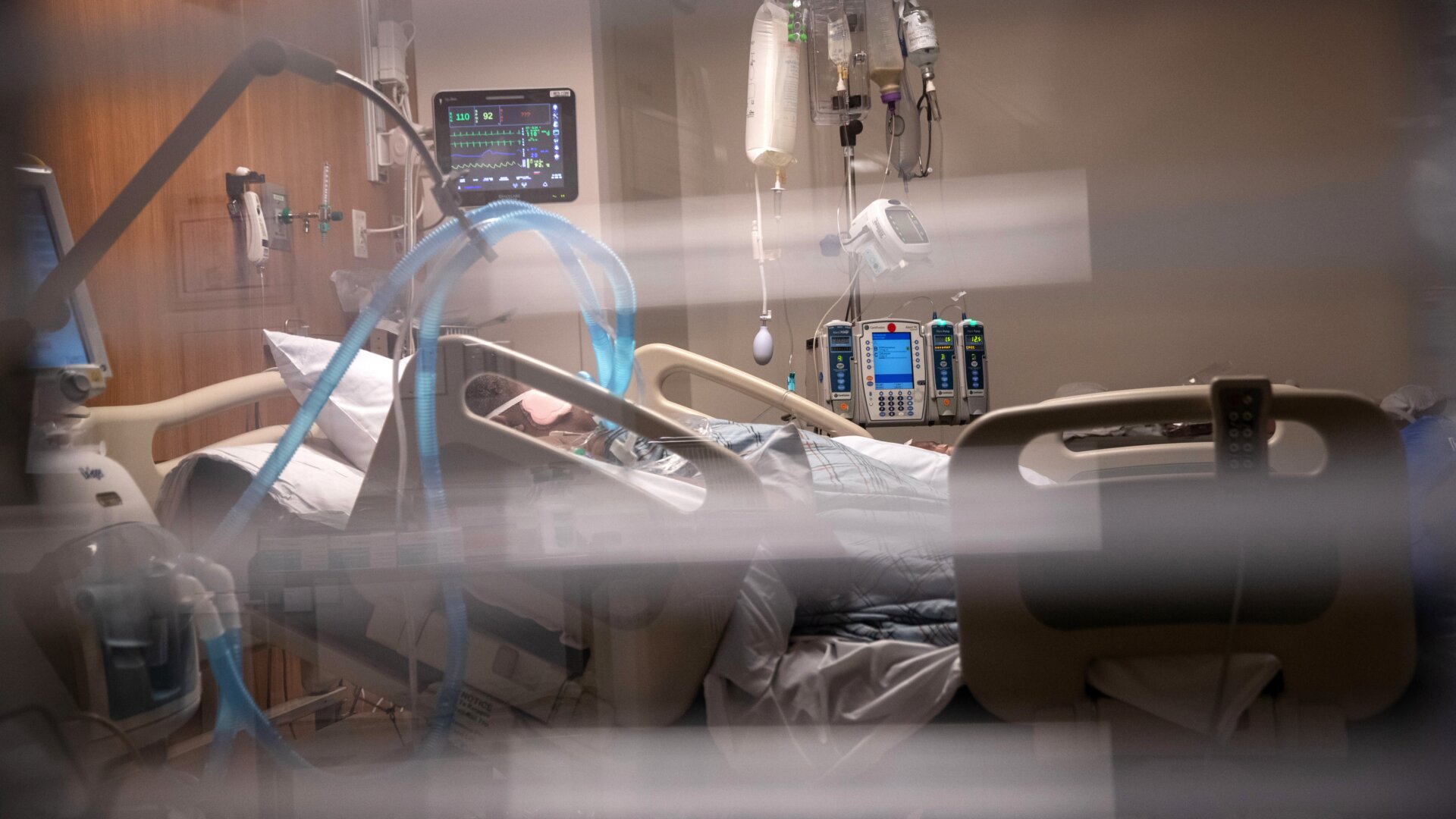 A patient on breathing tubes at Stamford Hospital Intensive Care Unit in Connecticut in April 2020.