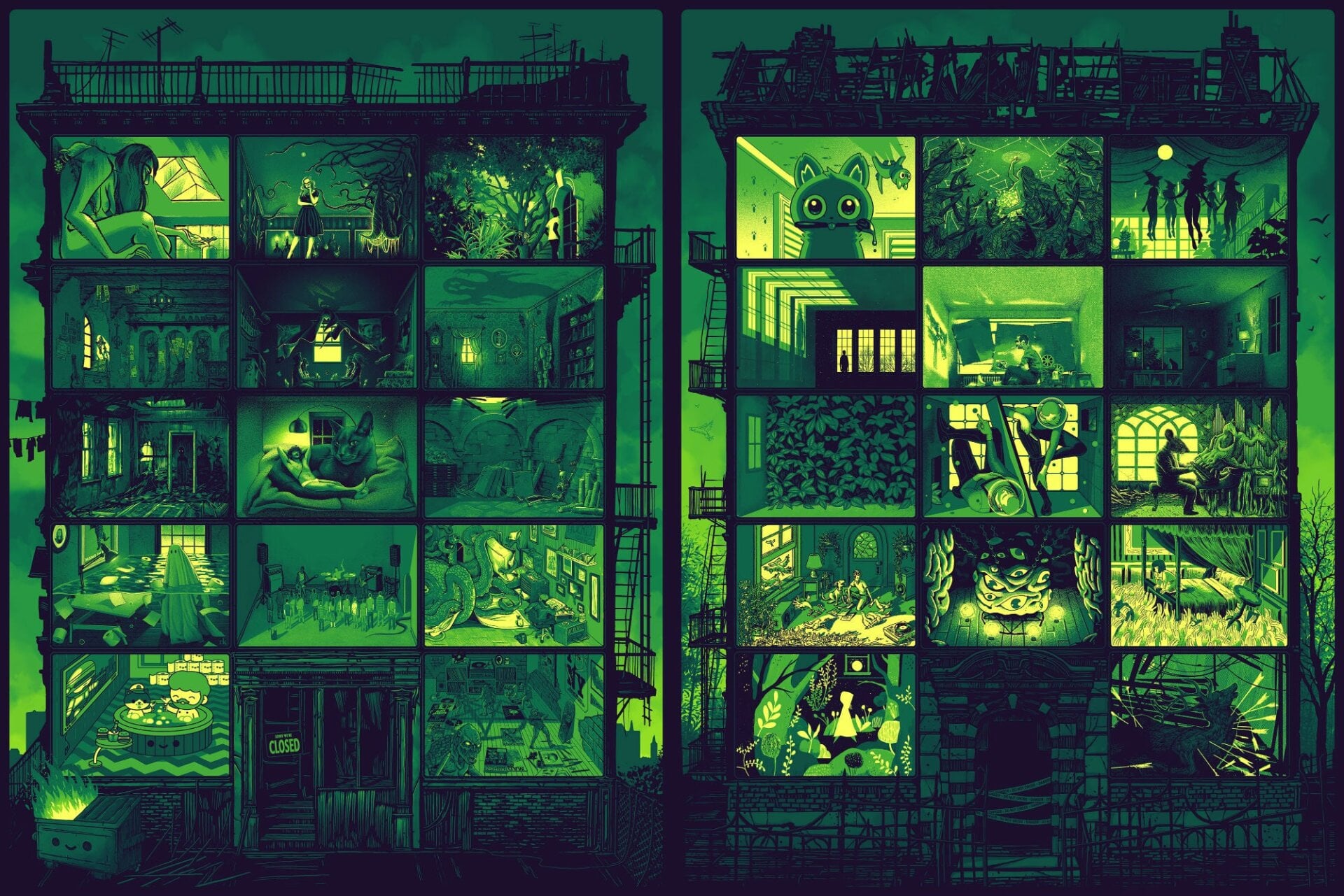 28 artists, 28 quarantine interpretations. Two posters. This is the green version.