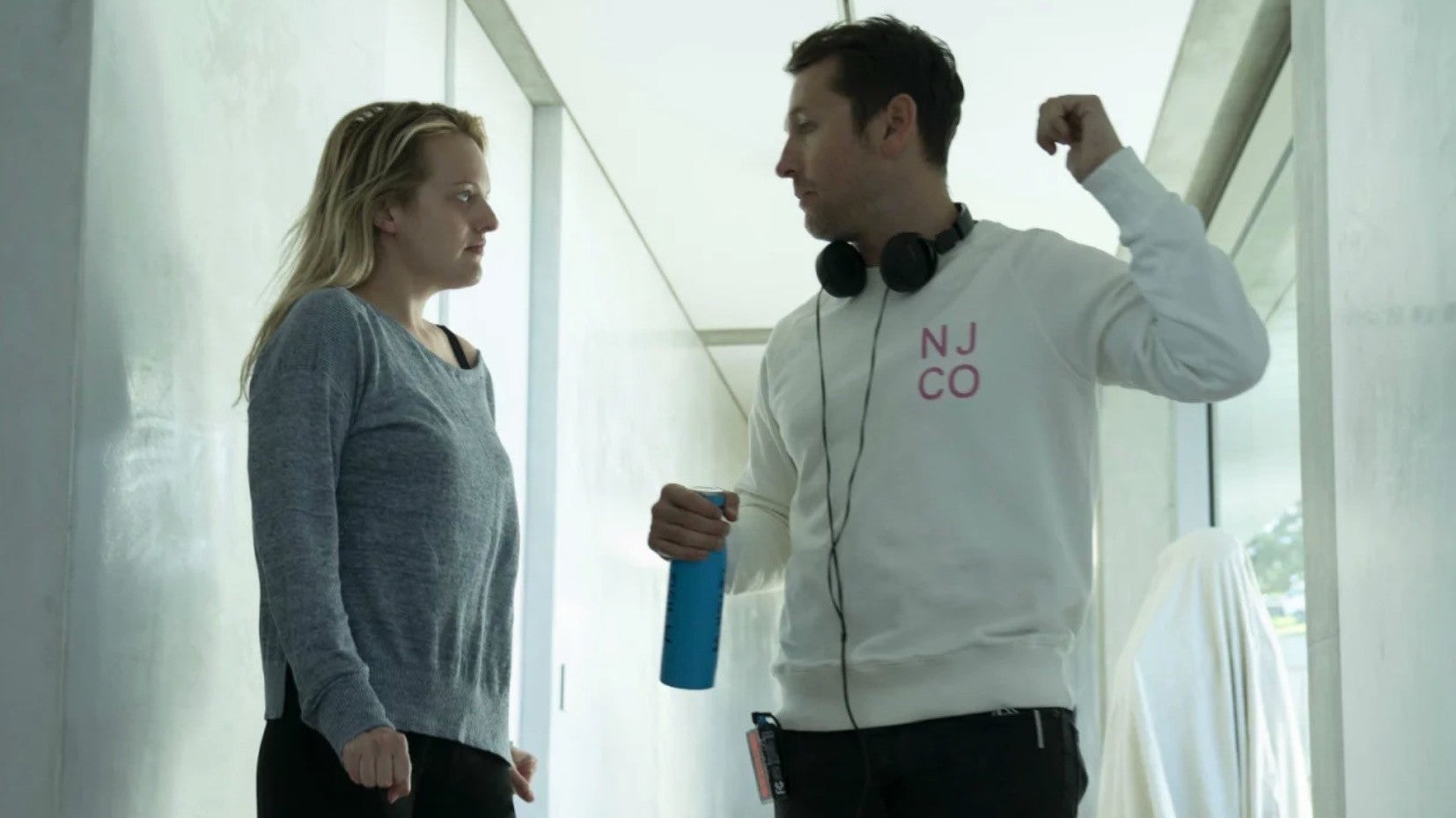 Leigh Whannell on the set of The Invisible Man with Elisabeth Moss.