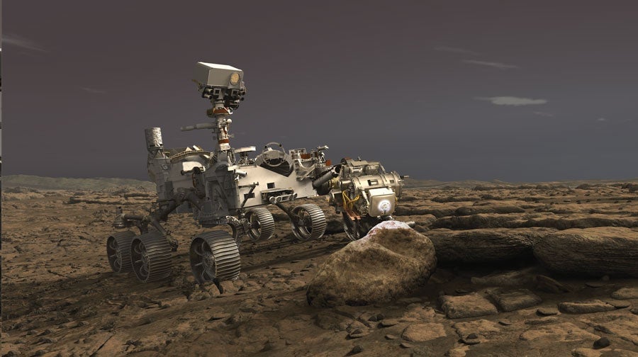 Depiction of NASA’s Perseverance rover using its Planetary Instrument for X-ray Lithochemistry (PIXL) instrument to analyze a rock on the surface of Mars.