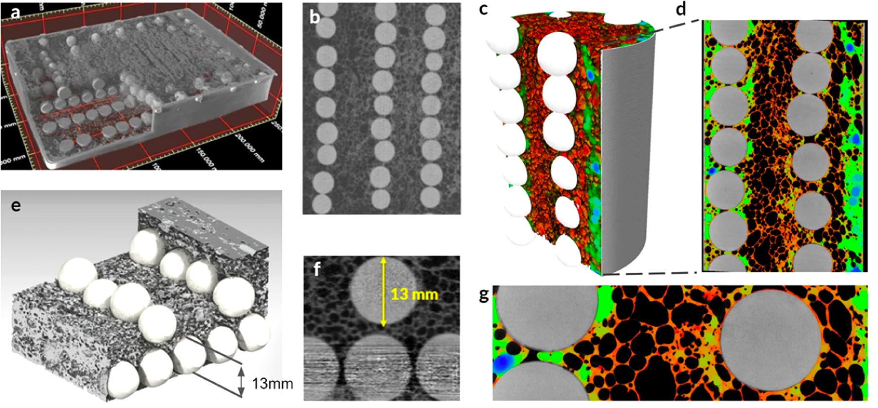 Cross-sections of the Proteus material, revealing the foam-like aluminum lattice structure and the embedded ceramic spheres arranged in lines.
