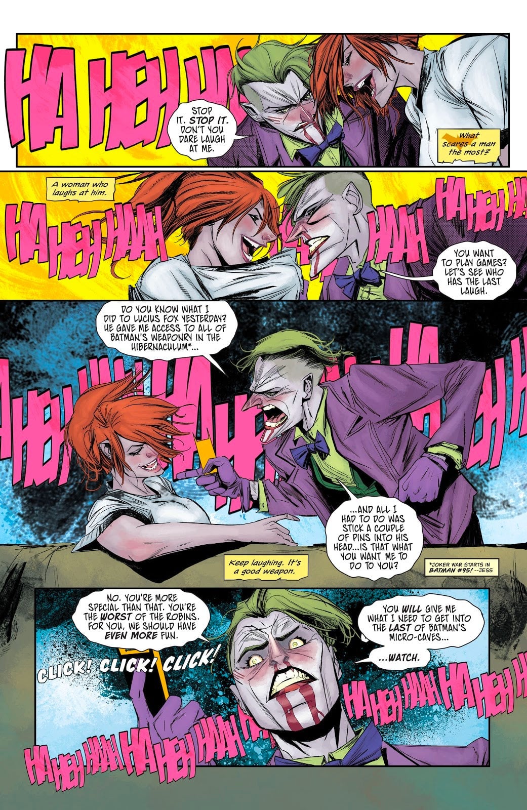 Barbara taunting the Joker by laughing at him.