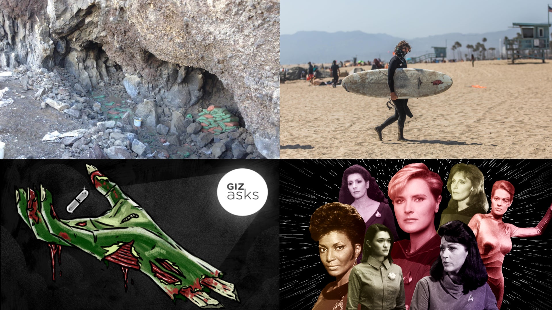 Clockwise from top left: John Blong, Apu Gomes (Getty Images), Benjamin Currie (Gizmodo) and Elena Scotti.