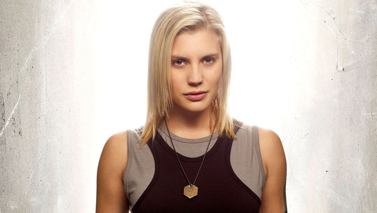 Sackhoff as Kara “Starbuck” Thrace on Battlestar Galactica.