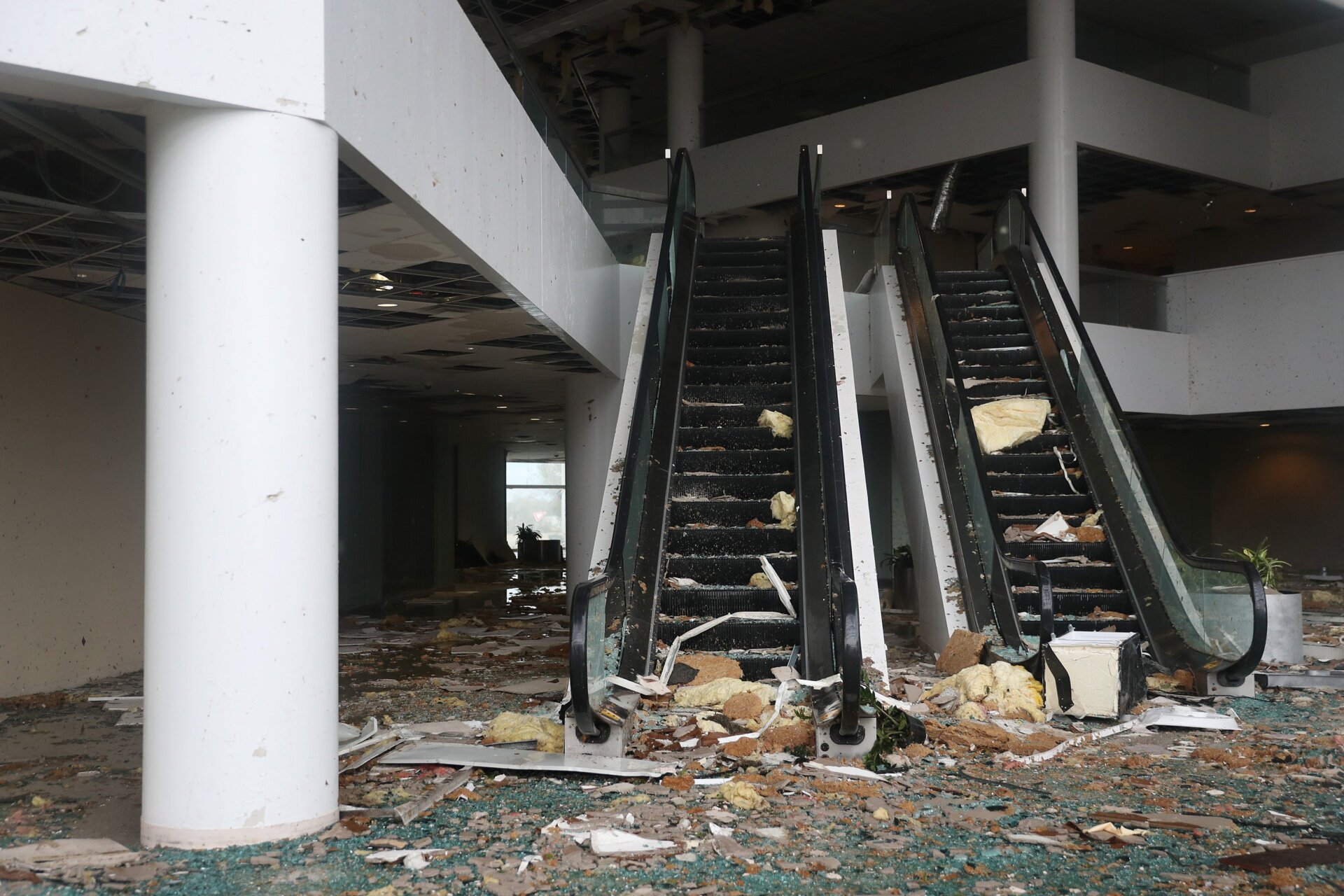 An escalator is seen in Capital One Tower that had its windows blown out in the downtown area after Hurricane Laura passed through on August 27, 2020 in Lake Charles, Louisiana.