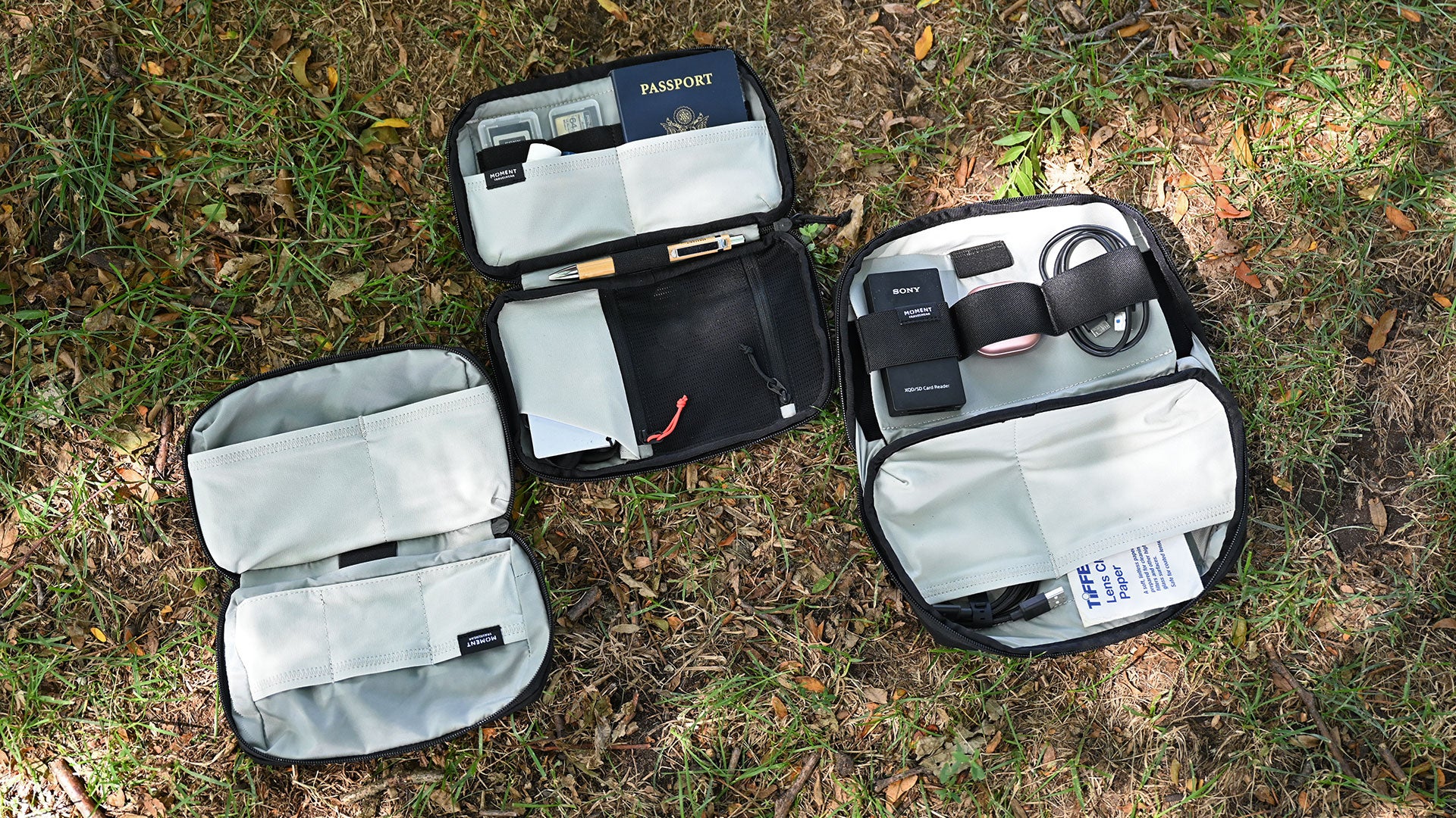 From left to right: the MTW Tech Organizer Mini, the MTC Tech Organizer, and the MTW Battery Organizer.