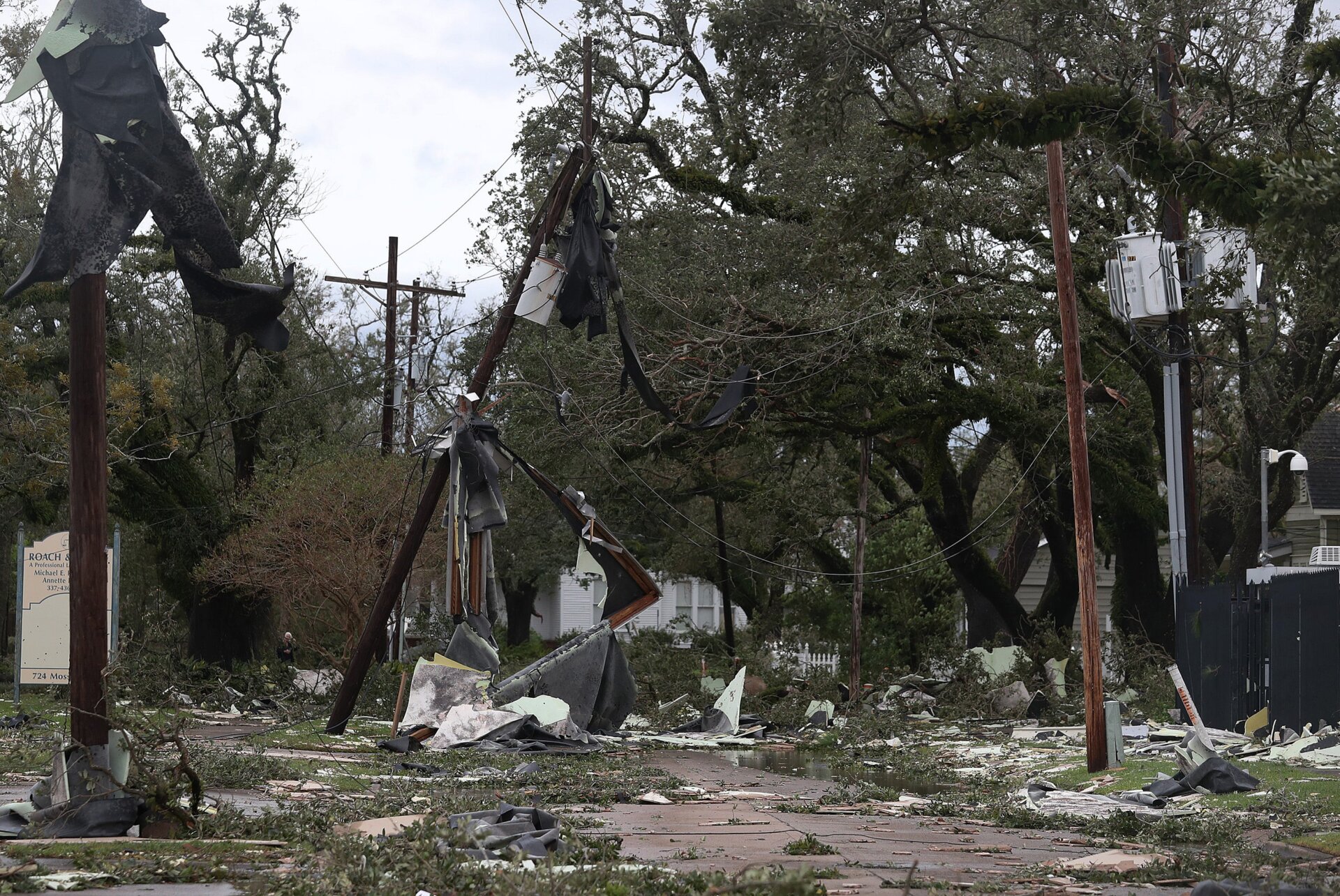 A street is seen strewn with debris and downed power lines after Hurricane Laura passed through the area on August 27, 2020 in Lake Charles, Louisiana.