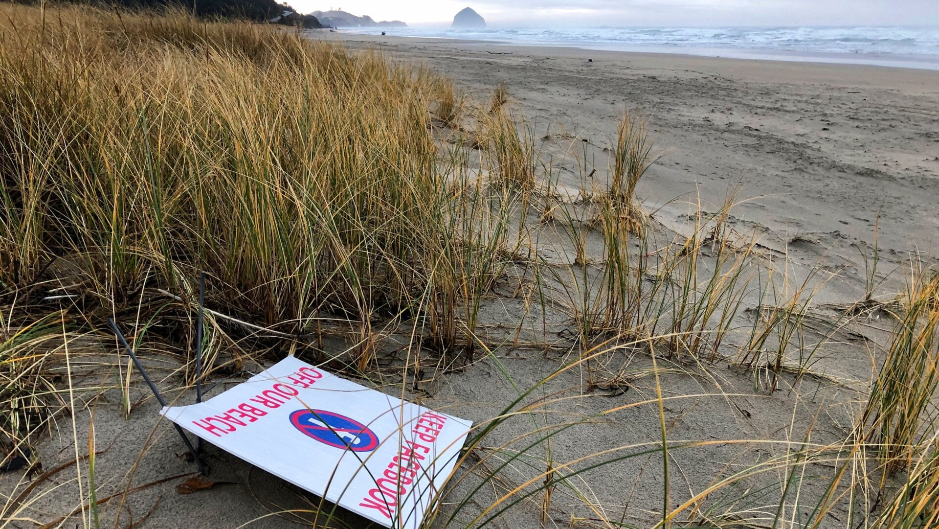 The oceanfront lot bought by Facebook for the site of its proposed landing spot for a submarine fiberoptic cable that would connect America with Asia is seen in Tierra del Mar, Oregon with an anti-Facebook sign.