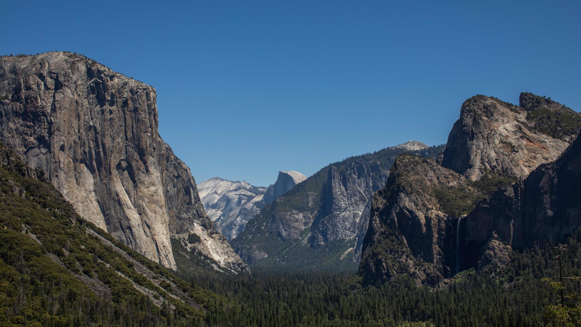 A view of Yosemite Valley from the Tunnel View lookout point in the Yosemite National Park, California on July 08, 2020.