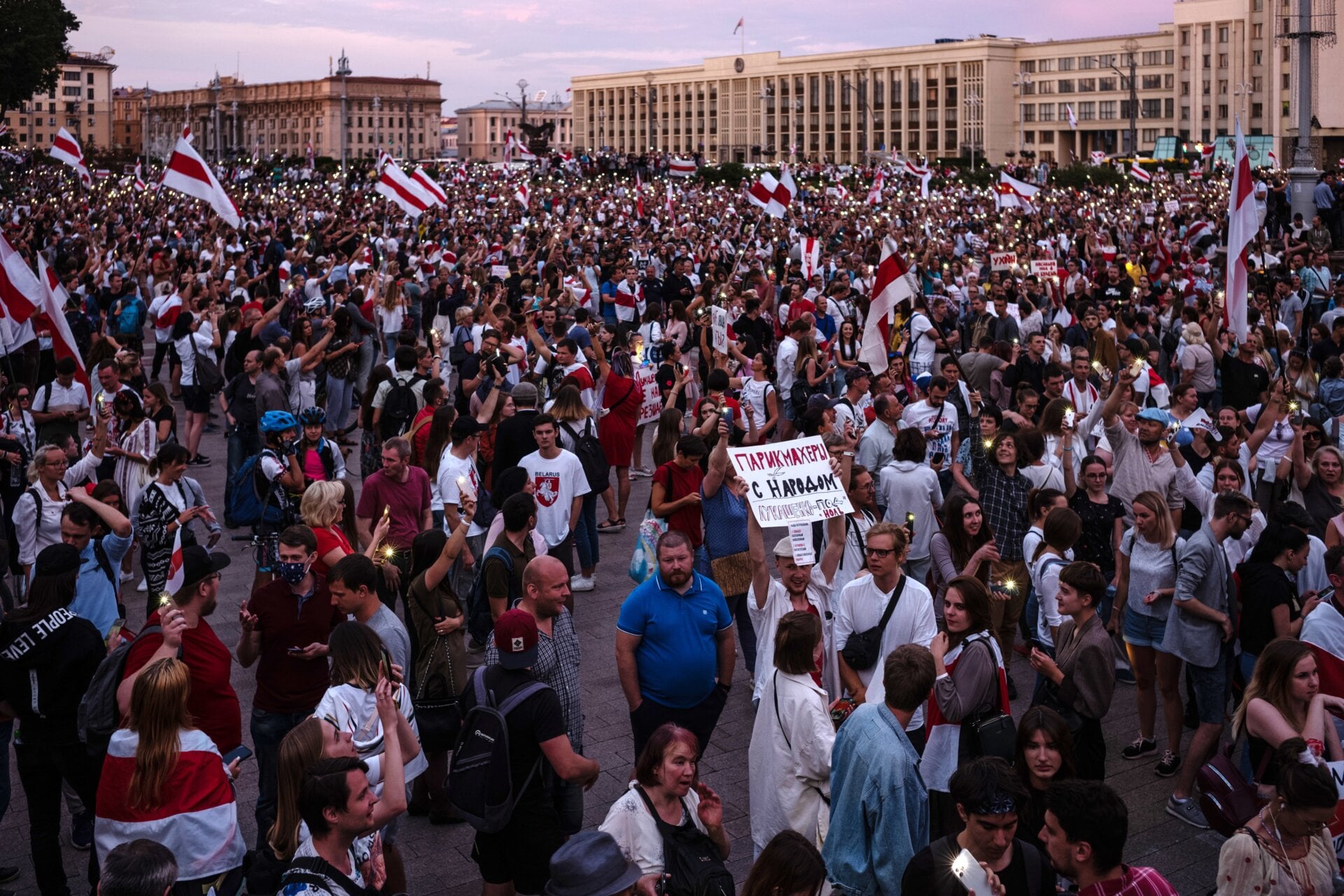  Demonstrators participate in an anti-Lukashenko rally on August 18, 2020 in Minsk, Belarus.