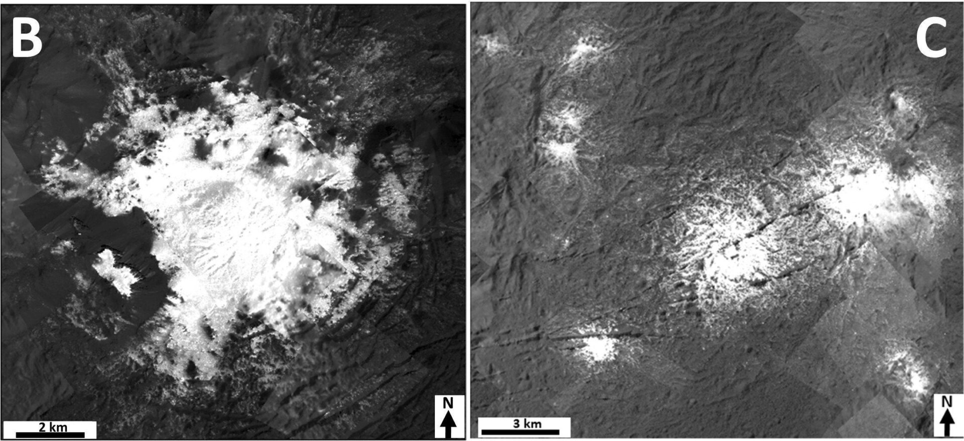 Close-up views of Cerealia Facula (B) and Vinalia Faculae (C). 